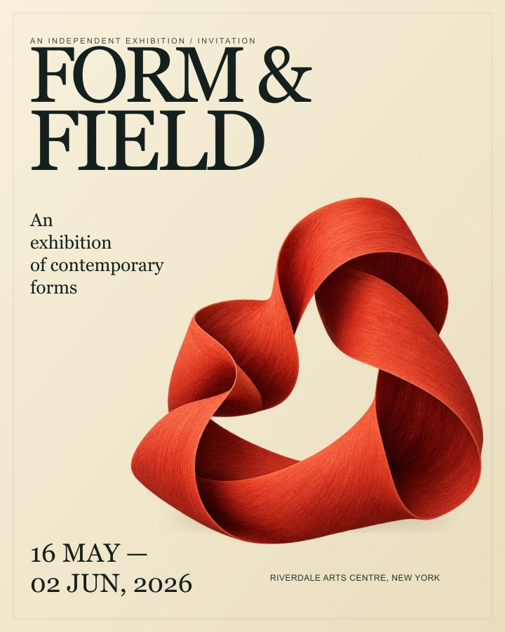 FORM & FIELD exhibition invitation, version 2, with a vermilion sculpture and a clear date.