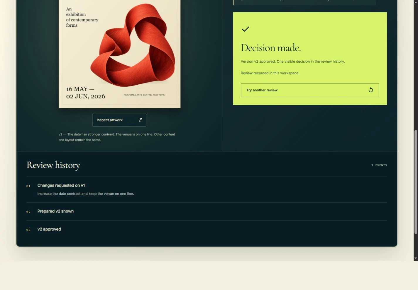 The working HANDOFF demo after v2 is approved; the visible review history contains request, revision and approval.