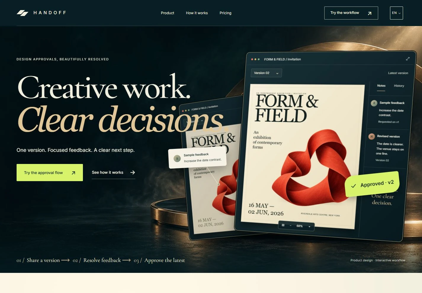 HANDOFF desktop homepage: dramatic editorial typography, a champagne arc and two framed FORM & FIELD design versions.