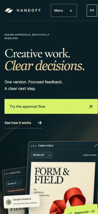 HANDOFF mobile homepage, with readable editorial typography and the primary approval-flow link.
