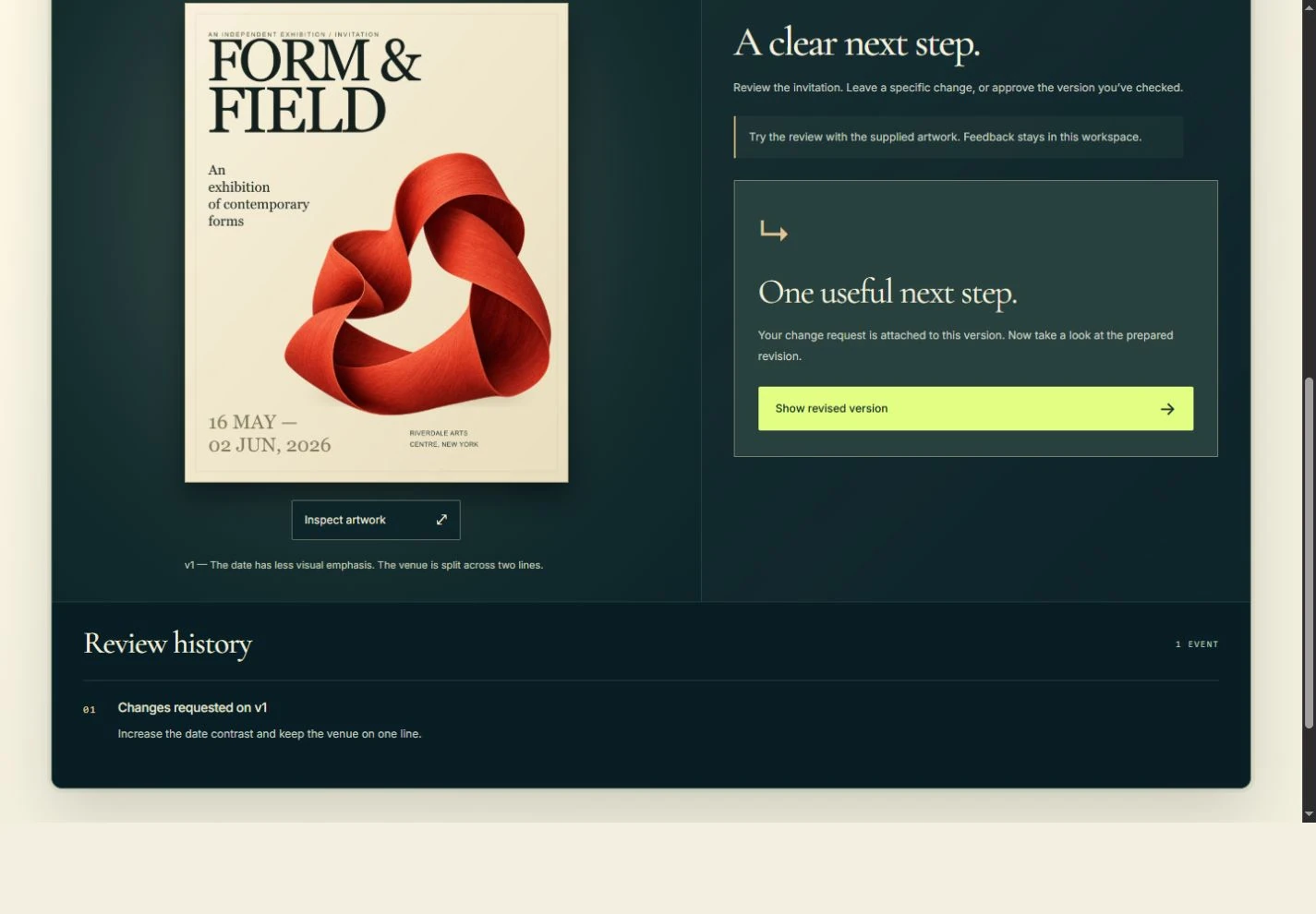 The working HANDOFF demo after requesting a change on v1, with the Show revised version button.